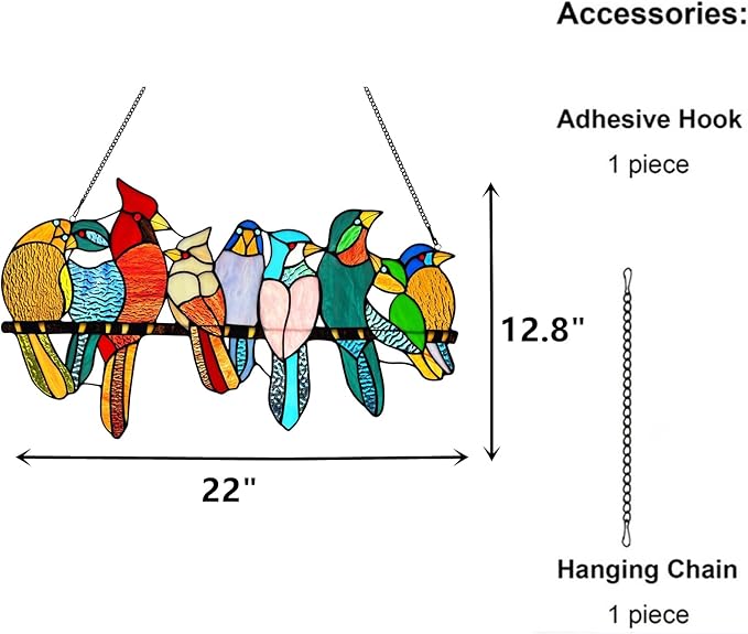 Stained Glass Birds Window Hangings, 9 Multicolor Stained Glass Birds on Branch Suncatcher