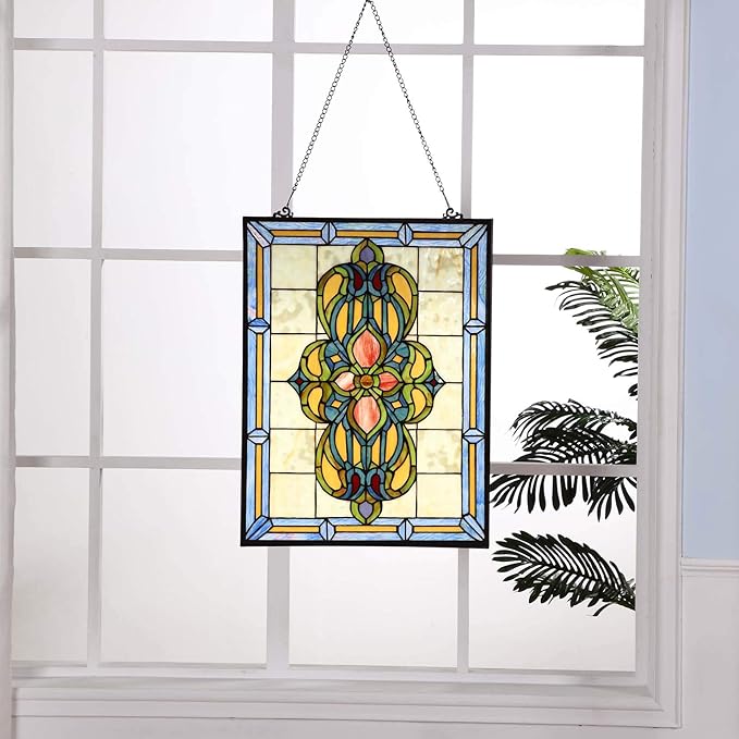 Bieye W10030 Victorian Tiffany Style Stained Glass Window Panel Hangings with Chain, 18" W x 25" H