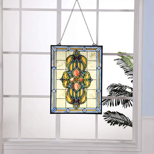 Bieye W10030 Victorian Tiffany Style Stained Glass Window Panel Hangings with Chain, 18" W x 25" H