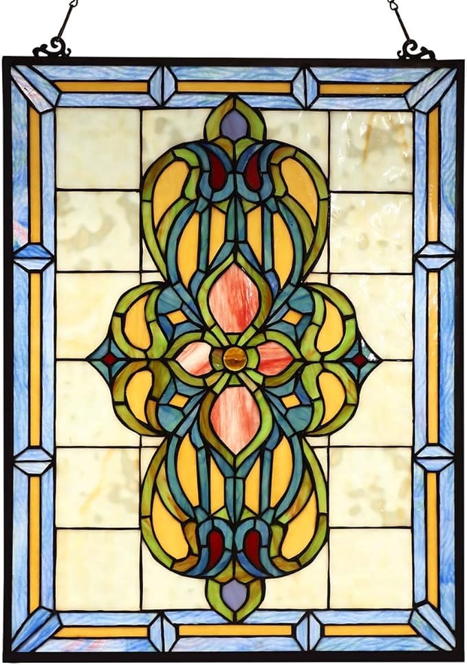Bieye W10030 Victorian Tiffany Style Stained Glass Window Panel Hangings with Chain, 18" W x 25" H