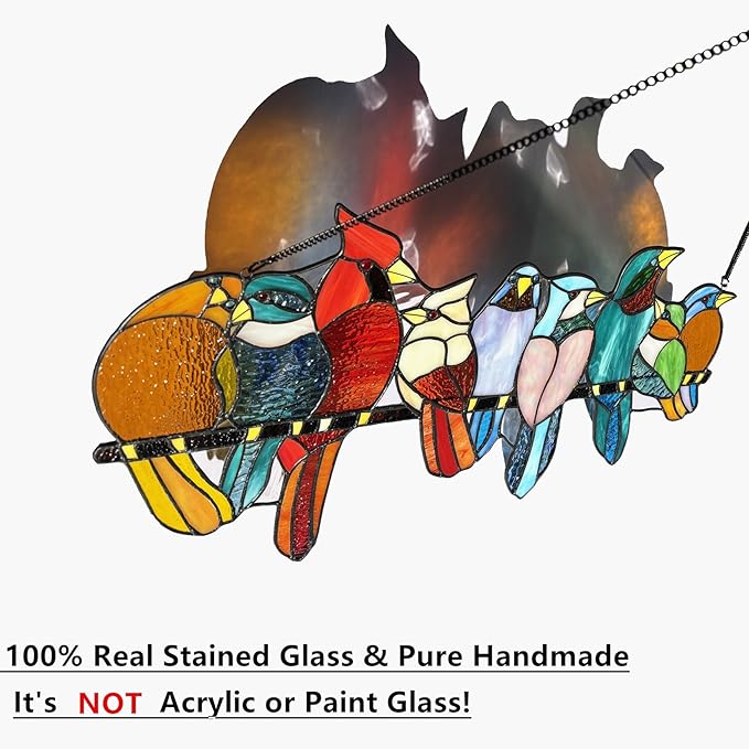 Stained Glass Birds Window Hangings, 9 Multicolor Stained Glass Birds on Branch Suncatcher