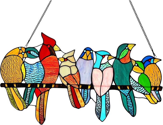 Stained Glass Birds Window Hangings, 9 Multicolor Stained Glass Birds on Branch Suncatcher