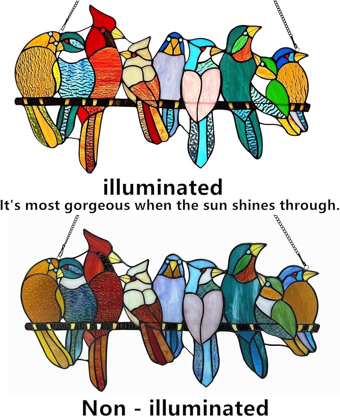 Stained Glass Birds Window Hangings, 9 Multicolor Stained Glass Birds on Branch Suncatcher